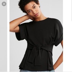 Express Tie Waist Roll Sleeve Blouse Black